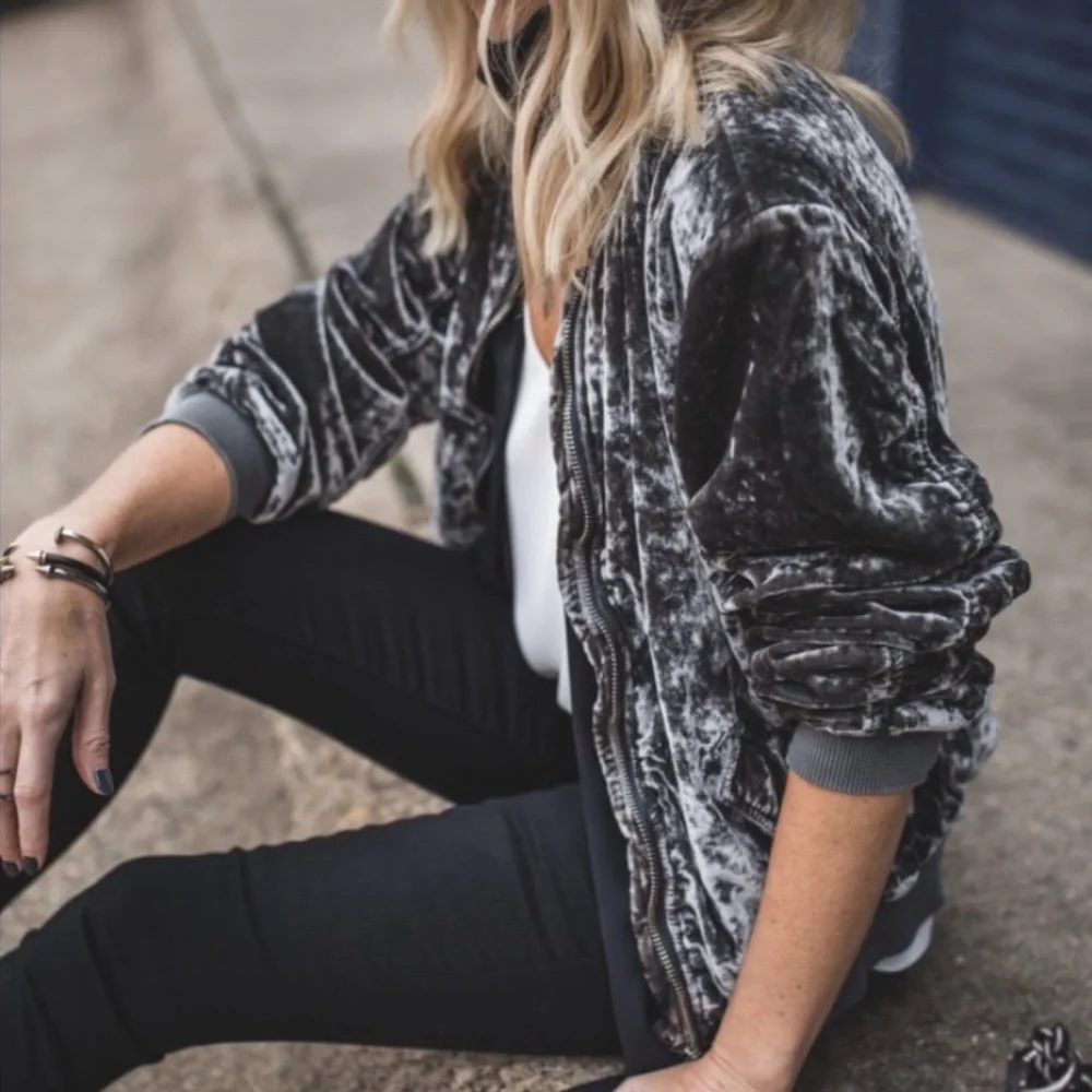 Free People Gray Ruched Velvet Bomber Jacket - Picture 1 of 7